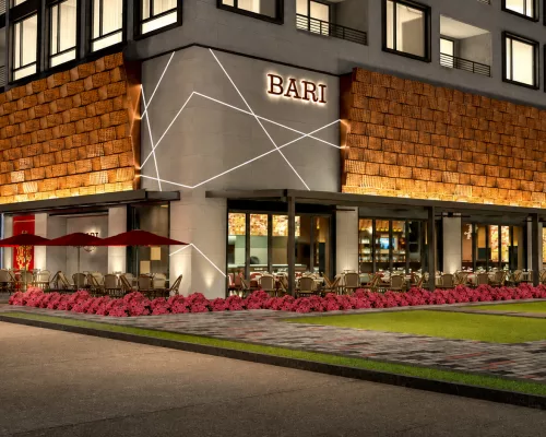 The elegant and glamorous interior dining room of BARI Ristorante in The Woodlands Waterway Square