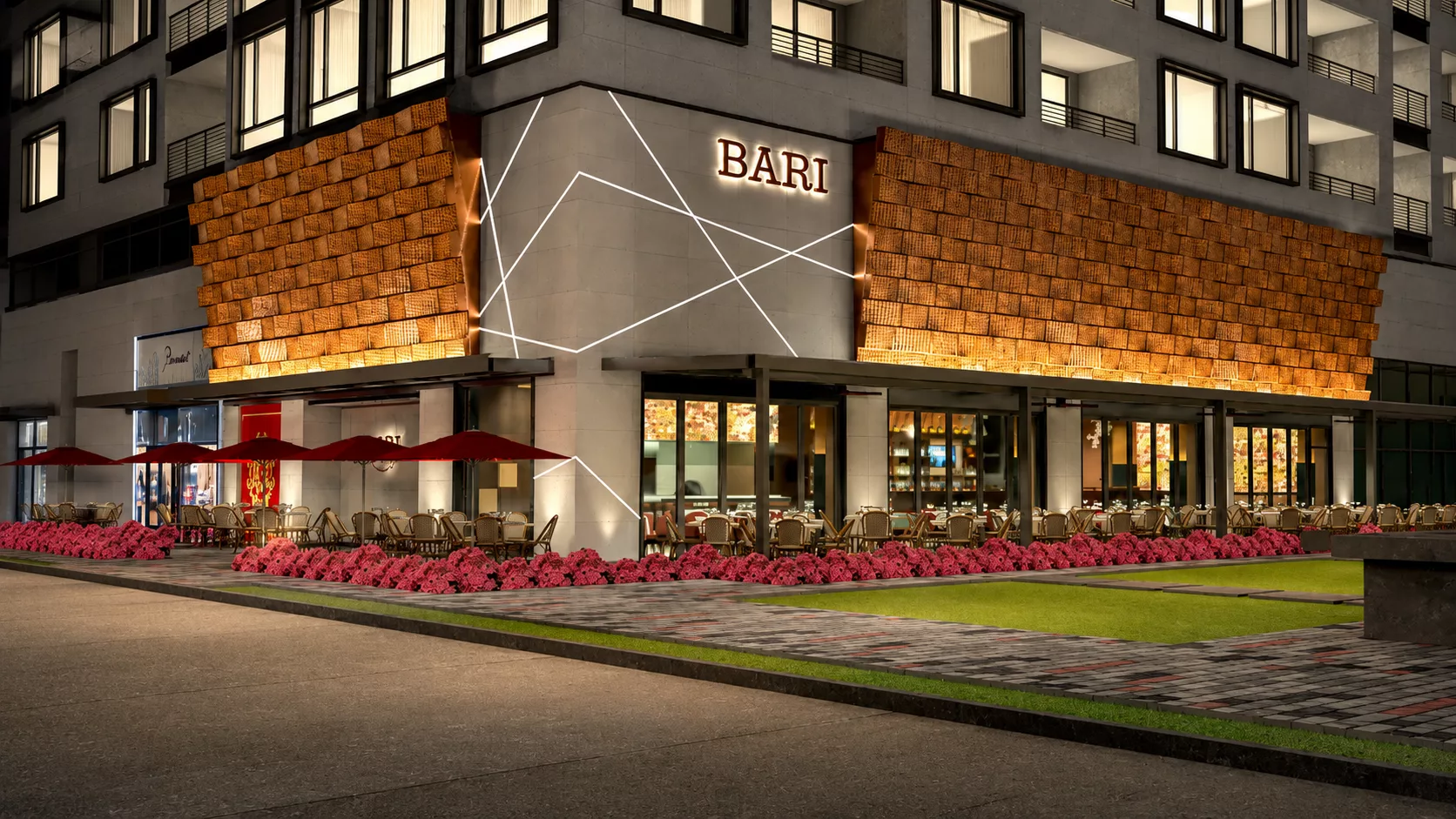 The elegant and glamorous interior dining room of BARI Ristorante in The Woodlands Waterway Square
