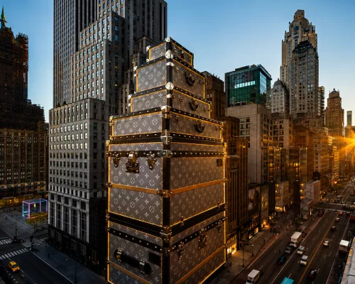 The spectacular 15-story exterior installation of stacked iconic Louis Vuitton trunks on 57th Street in New York City
