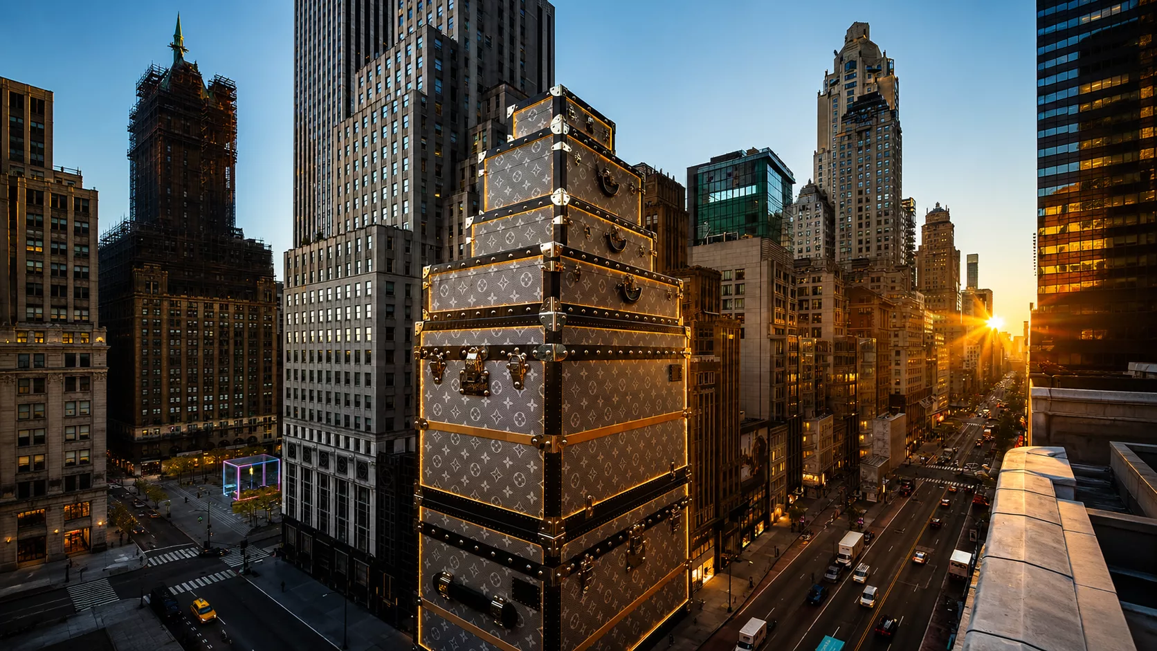 The spectacular 15-story exterior installation of stacked iconic Louis Vuitton trunks on 57th Street in New York City