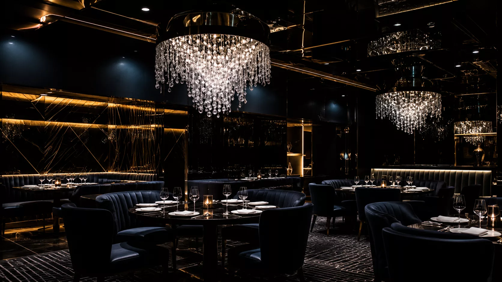 An ultra-luxury multi-sensory dining room setup with dramatic overhead projections and fine dining courses