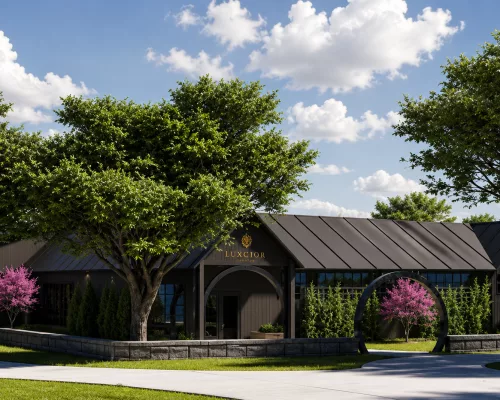 An upscale outdoor terrace pool and lounge area at Oakfire Ridge overlooking the scenic Texas Hill Country